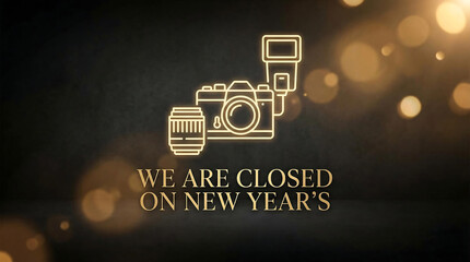 Golden camera icon and text announcing New Year's closure, camera, lens, flash, photography, closed, new year's, announcement, notification, holiday, business, studio, event, photography studio, graph