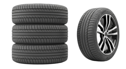  Stack of new car tires and single automobile tire with alloy rim on a transparent background PNG file
