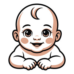 Obraz premium A cute and happy cartoon baby with a sweet smile, lying on its stomach and looking directly at the viewer, featuring a simple and charming design, isolated on