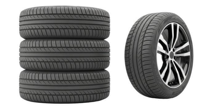  Stack of new car tires and single automobile tire with alloy rim on a transparent background PNG file - Powered by Adobe