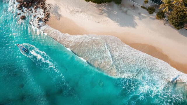 Aerial view with beach in wave of turquoise sea water shot, Top view of beautiful white sand background