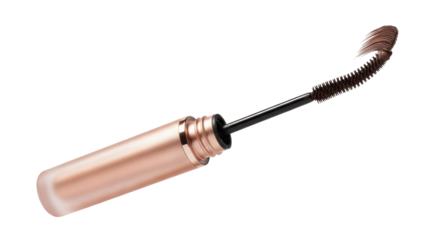 Brown mascara brush with wand isolated PNG, cosmetic applicator for eyelashes and eyebrows on transparent background