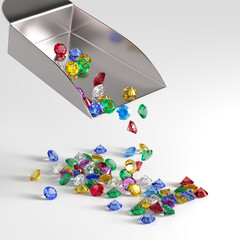 Multicolored gemstones pour out of a scoop on a white background. Selection and sorting of stones. Jewelry industry. 3d rendering.