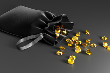 Velvet black bag with the scattering of topazes on the dark background. Exhibition of precious stones. View from above. Jewelry industry. 3d rendering.