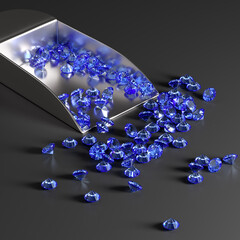 Metal scoop with blue sapphires on the table. Black background. Selection and sorting of stones. Jewelry industry. 3d rendering.
