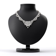 Luxurious diamond necklace on a leather stand in the form of a bust on a white background. Frontal view. Jewelry showcase. 3d rendering.