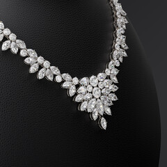 Luxurious diamond necklace on a leather bust stand. Side view. Close-up. Jewelry showcase. 3d rendering.
