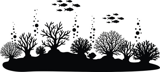 Underwater coral reef silhouette, fish, bubbles, marine life, ocean scene, black illustration, aquatic nature, biodiversity, sea habitat, peaceful © Creative Mind