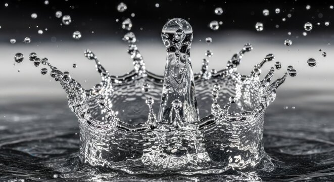 Water droplet impact creating a dynamic crown splash effect. - Powered by Adobe