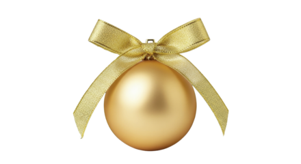 Golden Christmas ornament with a festive textured bow and pine needles on a transparent background PNG image