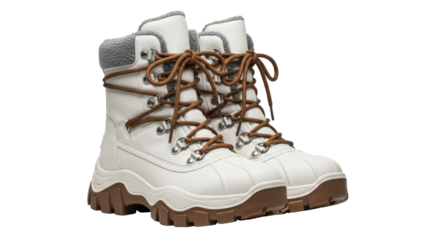 White Winter Boots with Brown Laces and Faux Fur on a Transparent Background PNG Image PNG File