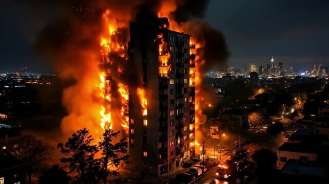 Nighttime high-rise building fire with dramatic flames in urban cityscape