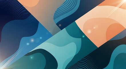 Abstract background with layered shapes in shades of blue, orange, and white, creating a dynamic and modern design with light flares.