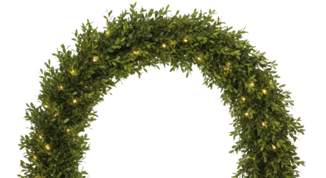 Christmas boxwood garland arch with warm string lights on a transparent background, PNG image, PNG file