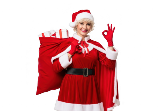 Woman dressed as santa claus with gifts and a sack, isolated on transparent background