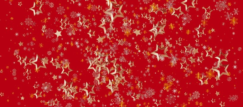 Festive holiday background with gold stars and snowflakes floating on a vibrant red background. Perfect for Christmas or New Year des