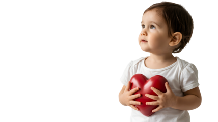 Adorable toddler holding a bright red heart symbol close to their chest with a hopeful expression isolated on transparent background