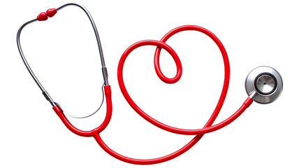 A bright red stethoscope artfully arranged in the shape of a heart symbolizing love for healthcare and medicine isolated on transparent background