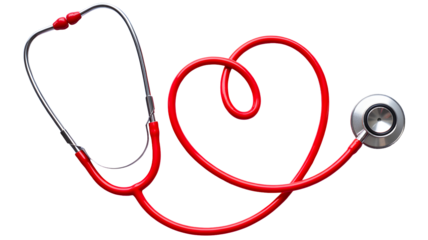 A bright red stethoscope artfully arranged in the shape of a heart symbolizing love for healthcare and medicine isolated on transparent background