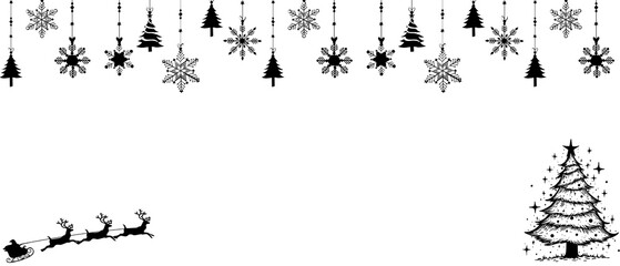 black and white Christmas frame with a Christmas tree, snowflakes and Santa Claus on a sleigh isolated over transparent background; cute monochrome overlay