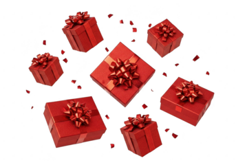 Collection of red gift boxes with ribbons isolated on transparent background
