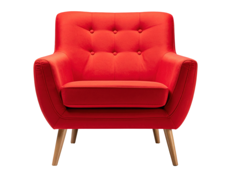 Bold Red Upholstered Armchair with Tufted Design and Wooden Legs on Transparent Background