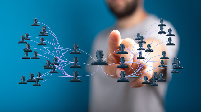 Hand touching digital network. Business concept of teamwork, connection and innovation, data analysis, technology and communication.