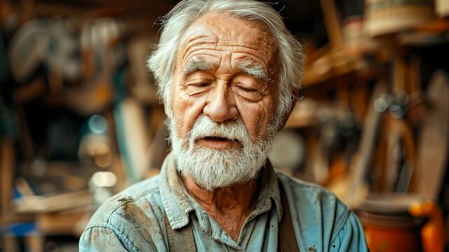 Experienced craftsman at work. An elderly craftsman stands in his workshop, showcasing years of skill and dedication to his craft and tools.