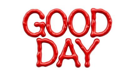 Red icing letters spelling good day in a playful font isolated on transparent background