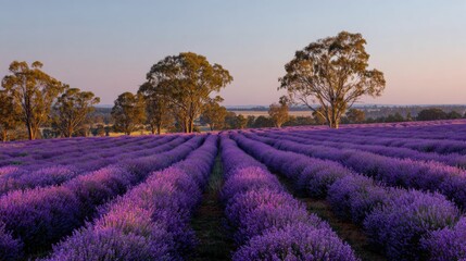 Lavender Field at Golden Hour With Rows of Purple Flowers Reaching the Horizon and a Soft Pastel Sky