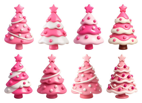 PNG Pink festive trees with decorations, element set on transparent background