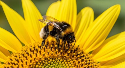 Bumblebee collecting pollen on bright yellow sunflower in natural sunlight