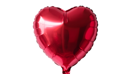 Shiny metallic red heart shaped balloon floating with a subtle shadow isolated on transparent background