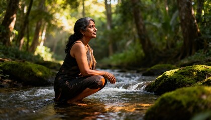 Woman squatting in flowing water in forest light, tranquil spiritual mood, photorealistic style