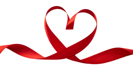 A flowing red ribbon artfully shaped into a classic heart symbol isolated on transparent background