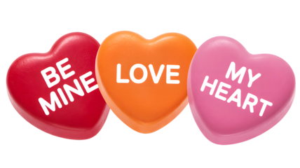Three colorful heart shaped conversation candies with romantic messages be mine love my heart isolated on transparent background