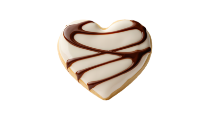 A single heart shaped pastry with white frosting and dark chocolate drizzle isolated on transparent background