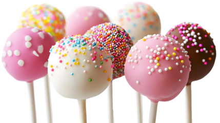 Assorted colorful cake pops with sprinkles and toppings on sticks against a