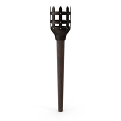 Medieval burning torch with wooden handle and metal top isolated