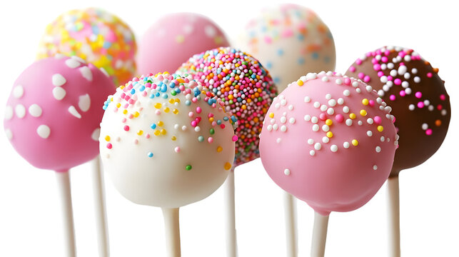 Assorted colorful cake pops with sprinkles and toppings on sticks against a