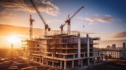 A construction site at sunset with cranes towering over a partially built structure, showcasing the progress of urban development.
