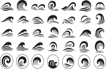 Ocean wave collection various black silhouette designs of sea waves and water motion