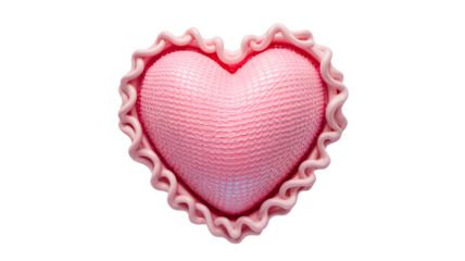 A single textured pink heart shaped object with a decorative ruffled edge isolated on transparent background