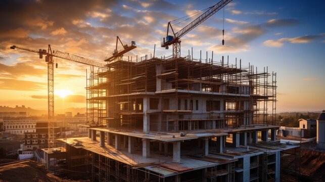 A construction site at sunset, featuring cranes and scaffolding, highlighting urban development and architectural progress.