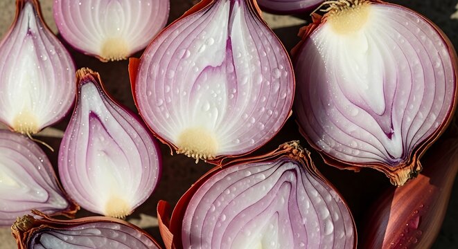 Close-up of sliced red onions, showing layers and textures, fresh and vibrant.