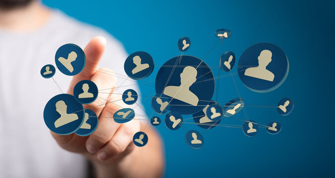 Conceptual representation of network connectivity shown by interlinked user avatars on a digital interface, demonstrating connection and network