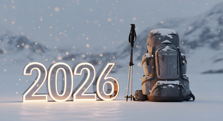 Backpack and hiking poles beside 2026 number in snowy mountain landscape at night
