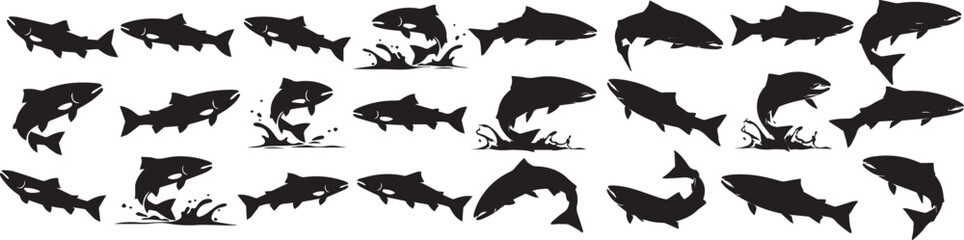 Set of black salmon fish silhouettes isolated on transparent background illustrating various dynamic poses
