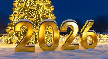 Golden 2026 numbers in snow with illuminated christmas tree background for new year celebration