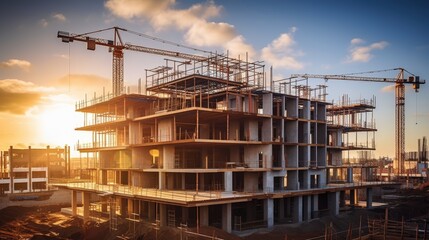 A construction site at sunset featuring a partially built concrete structure and cranes, highlighting the progress of urban development.